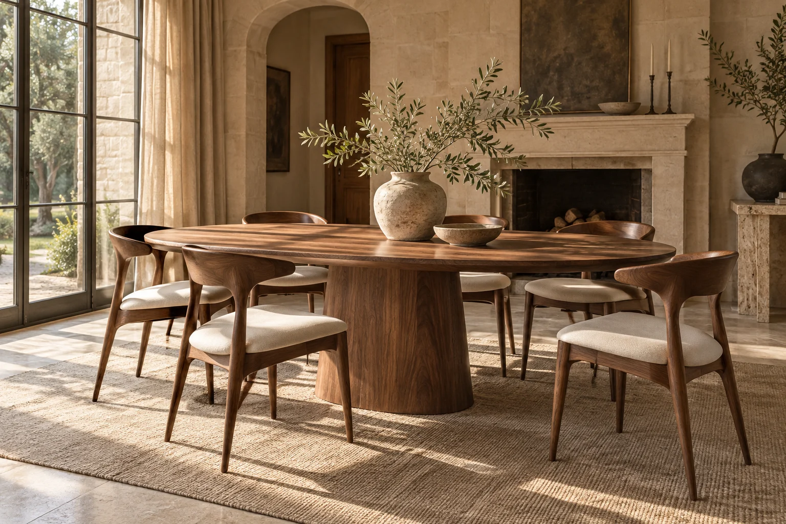 An imagined Atelier North walnut dining collection, with sculptural chairs and soft afternoon light.