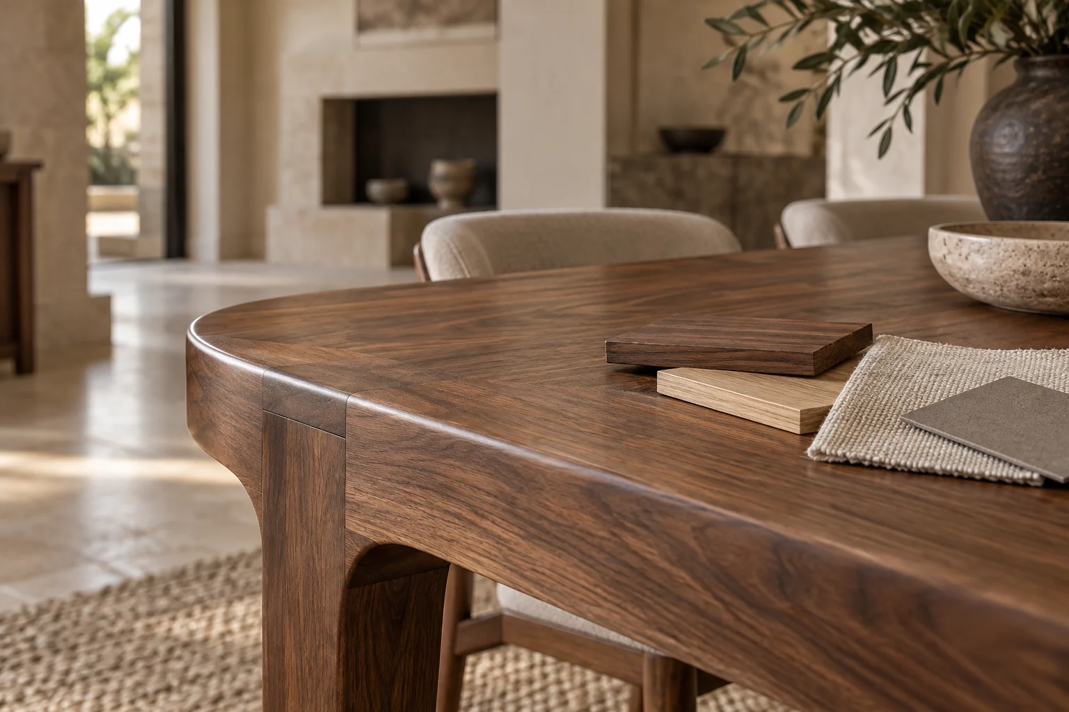 Walnut and oak finish samples with linen swatches on a carefully crafted dining table.